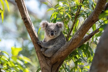 Fototapeta premium A serene koala nestled in the crook of a eucalyptus tree its soft fur glowing in the early morning