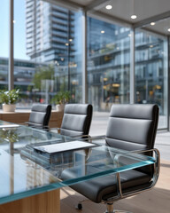 Modern conference room featuring sleek glass tables and stylish black leather chairs, illuminated by natural light from large windows