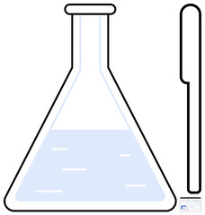 Laboratory flask containing liquid with a pipette alongside, symbolizing research, analysis, innovation, chemistry, education, biology, and scientific discovery. Ideal for compact simple flat