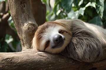 A sloth peacefully napping on a high tree branch its face relaxed and serene as it drifts into a