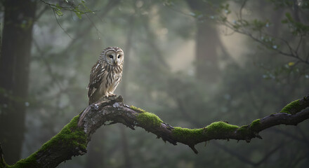 Owl Perched on Mossy Branch in Misty Forest