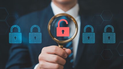 Cybersecurity vulnerability identified with a magnifying glass on an open padlock