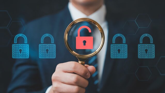 Cybersecurity vulnerability identified with a magnifying glass on an open padlock