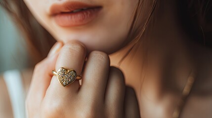 Woman placing a heart-shaped ring on her ring finger, believed to draw in love and good fortune