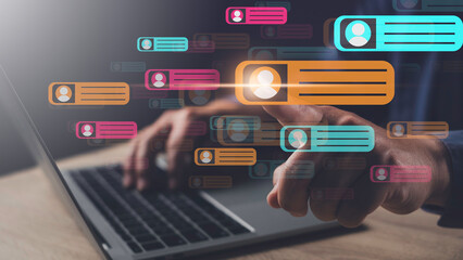 Team communication and knowledge sharing concept showing digital messaging bubbles on a laptop screen for collaborative online interaction.