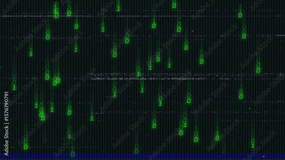 Aufkleber static lines flickering and purple band initiating streaming green binary digits visualizing data