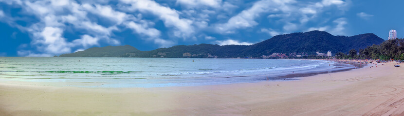 Beautiful and colourful Panorama of Patong Beach at Sunset on the romantic island of Phuket Thailand 