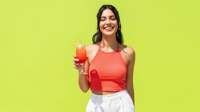 Happy Woman Holding Fresh Orange Juice