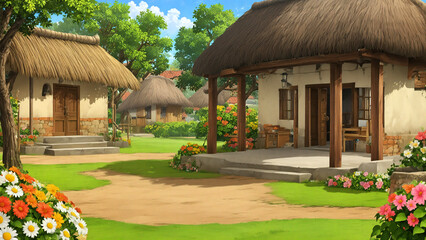 Cozy village homes with thatched roofs, colorful flowers, and sunlit grassy paths in a peaceful courtyard.