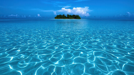 Tranquil Blue Ocean and Tropical Island Under Clear Sky with Serene Water Texture Perfect for Relaxation and Escape in Nature's Beauty