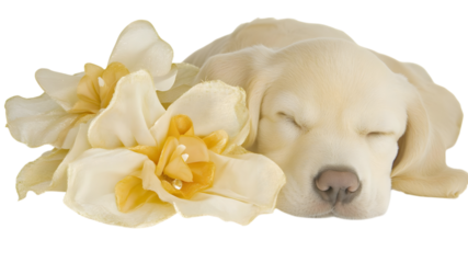 Sleeping puppy surrounded by flowers indoor setting cute and serene atmosphere