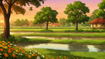 A peaceful countryside at sunset with blooming wildflowers, gentle streams, lush green trees, and a small house with a red roof.