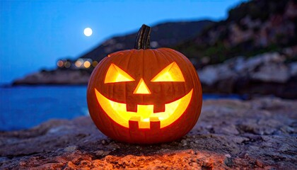 Jack-o'-lantern at night by the sea