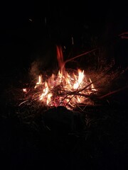 Vibrant flames and sparks from a campfire burning brightly in the dark night, creating a warm, cozy atmosphere.