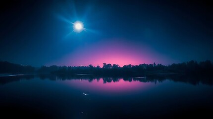 Naklejka premium A tranquil lake mirroring vivid twilight