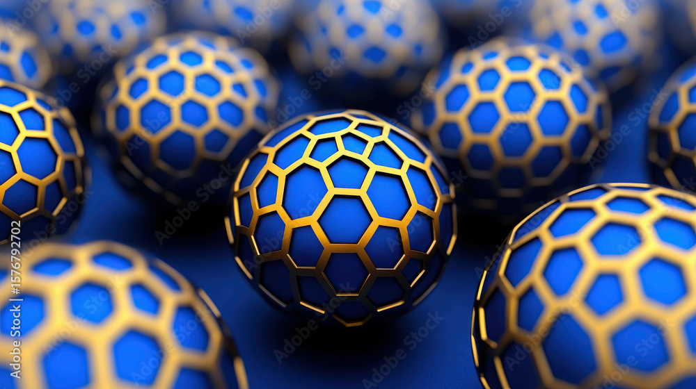 Fototapete abstract 3d rendering of blue spheres with hexagonal patterns and golden outlines creating a captiva