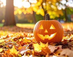 Jack-o'-lantern in autumn leaves (6)