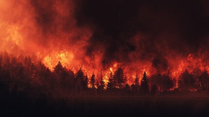 Wildfire Raging Through Forest &ndash; Blazing Flames and Smoke with Left Side for Awareness Message