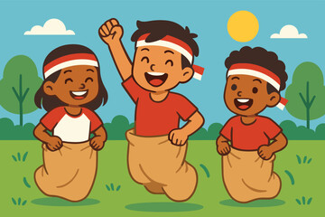 Cartoon Children Playing Sack Race Illustration
