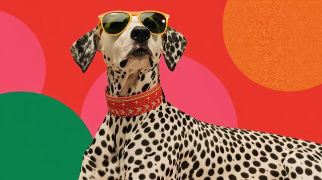 (Loop) Dalmatian Dog Wearing Sunglasses Looking Around on Pop Background