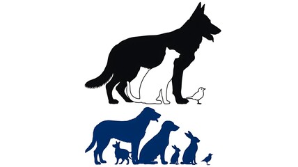 Silhouettes of various domestic animals including dog cat rabbit and bird in simple flat illustration style  
