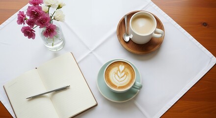 Overhead view of a cozy coffee break setup with latte, notebook, and flowers.