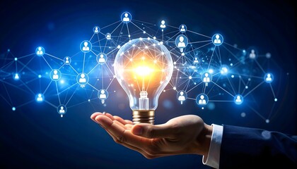 Hand holding glowing light bulb with network of icons representing people