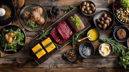 Rustic Food Arrangement Featuring Raw Meat, Layered Cheese, Mixed Herbs, and Artisanal Ingredients on Wooden Table