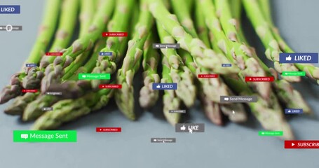 On asparagus appearing floating UI icons springing up and fading away to show engagement - Powered by Adobe