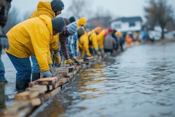 Volunteers building flood barrier during emergency
