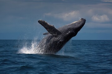 Obraz premium Humpback whale breaching dramatically off the coast of Isla de la Plata during a calm afternoon