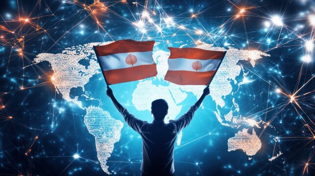 Person holding a flag of the nation of lesotho against a backdrop of a global map and network connections. - Powered by Adobe