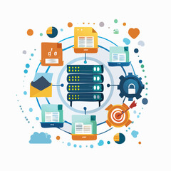 Colorful illustration of data server, documents, and security elements on a white background