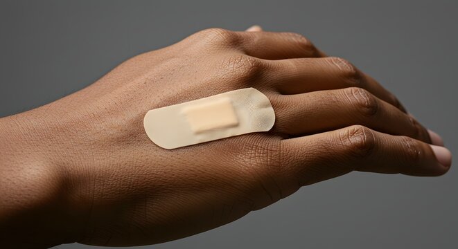 An adhesive bandage on the back of a person's hand against a gray background. This image illustrates concepts of first aid, minor injury care, and a temporary fix.