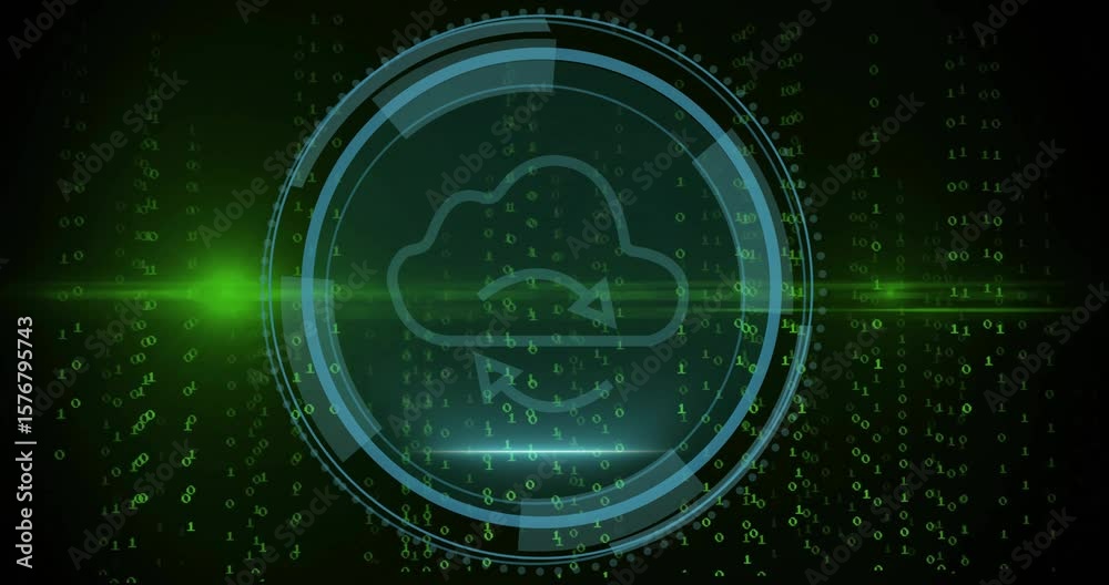 Poster binary digits cascading causing shield emerging, forming hud ring showing secure cloud sync flow