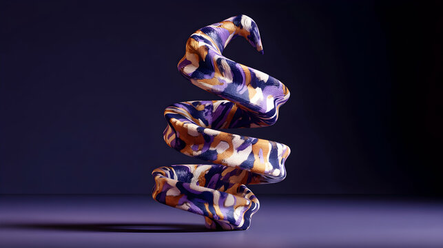 A vibrant, abstract 3D rendering a swirling spiral form purple, gold, white paint textures against a dark purple background.