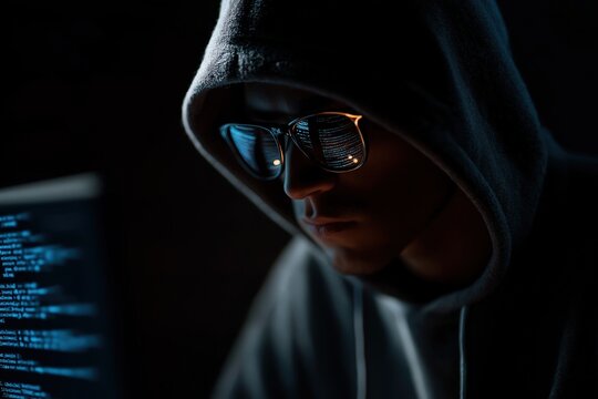 Cybersecurity hacker wearing glasses and hoodie

