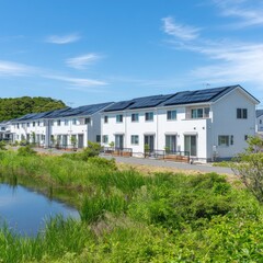 Row of white houses with solar panels, beside a pond, under a partly sunny sky