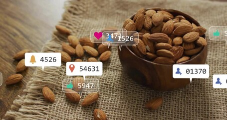 Social media icons appearing over almond bowl climbing stats fluctuating and showing engagement - Powered by Adobe