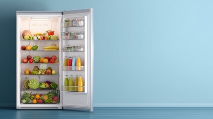 Open Refrigerator with Fresh Produce on Left – Clean Blue Wall on Right for Text or Branding