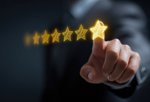 Business hand touches glowing five-star rating