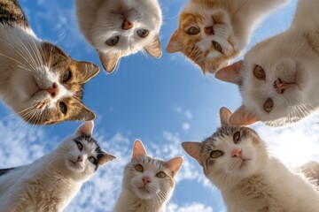 Nine cats gather in a circle against a clear blue sky creating a playful and serene atmosphere for viewers to enjoy in broad daylight