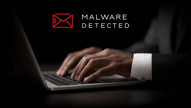 Businessman's hands typing on laptop, malware detected