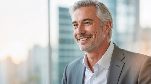 Satisfied Mature Businessman in suit looking at camera bright office