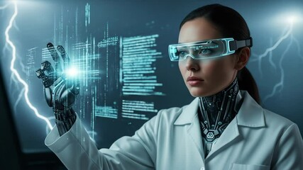 Futuristic scientist using augmented reality glasses to interact with digital data in a lab setting - Powered by Adobe