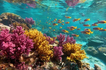 Naklejka premium Vibrant coral reef teeming with marine life at Similan Island in Andaman Sea showcasing colorful corals and schools of fish during a sunny day