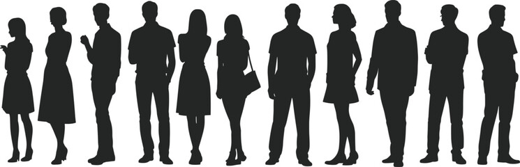 Silhouettes of diverse men and women standing in various poses, casual or business attire, representing teamwork, diversity, communication, and modern lifestyle