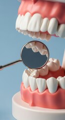 Obraz premium Dental Mirror Reflecting White Teeth in Jaw Model on Blue Background