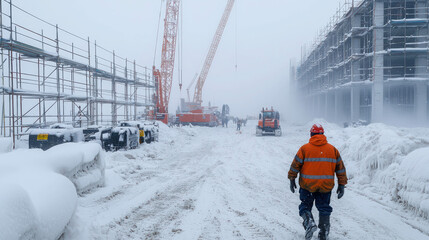 Construction site in winter snow with machinery, workers, and scaffolding during heavy snowfall and low visibility, showcasing winter project challenges