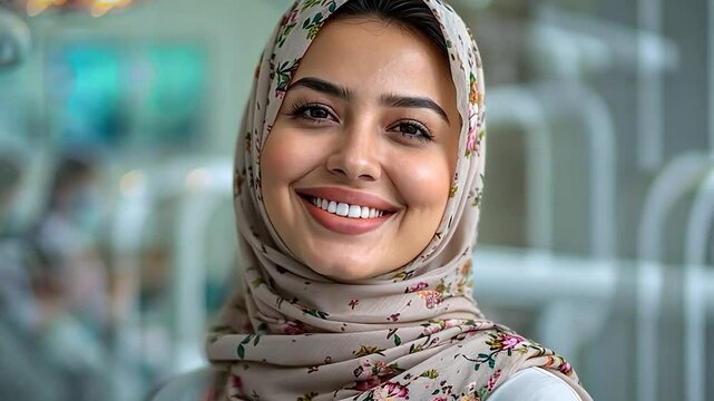 Smiling woman in hijab at dental clinic with dentist in background